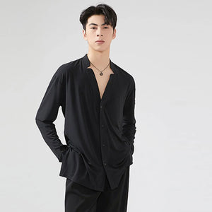 Men's Black Loose Fit V-Neck Long Sleeve Shirt for Ballroom Dance