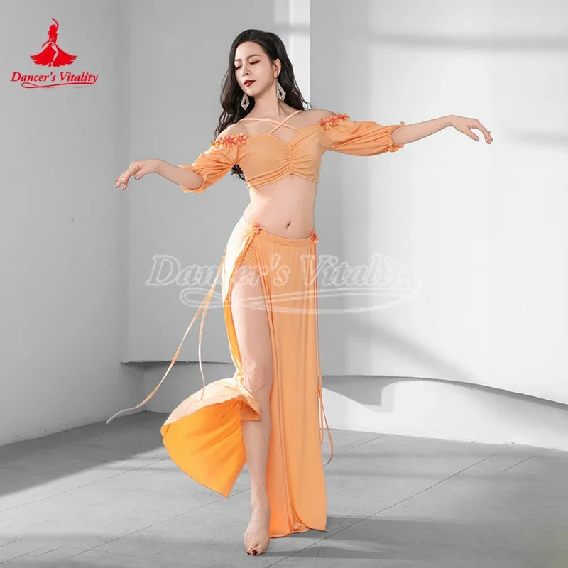 Belly Dance Costume Women Light Blue Chiffon Off-Shoulder Crop Top & High Slit Skirt Set for Oriental Dance Performance