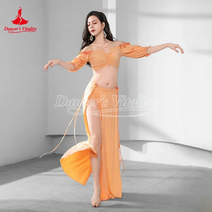 Belly Dance Costume Women Light Blue Chiffon Off-Shoulder Crop Top & High Slit Skirt Set for Oriental Dance Performance