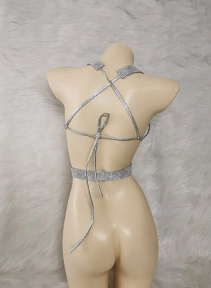 Women's Silver Rhinestone Halter Neck Open Bust Body Chain Belly Dance Bra Top