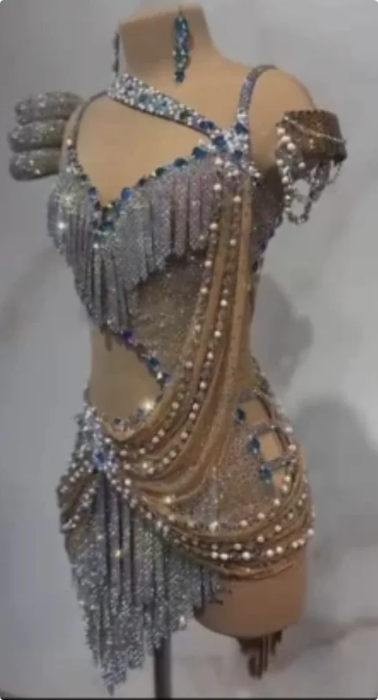 Women's Silver & Blue Bejeweled Fringe & Pearl Latin Dance Dress with Cut-Outs and Armbands