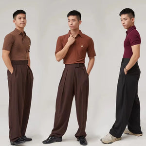 Men's Brown Ribbed Polo Dance Shirt with High-Waisted Pleated Trousers for Latin Ballroom