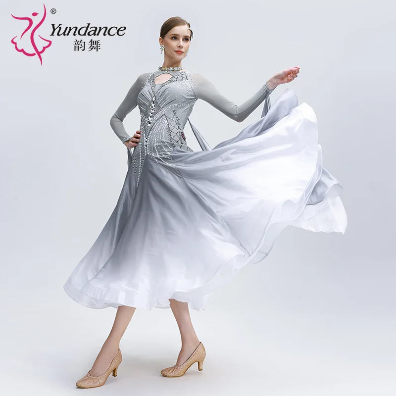 Women's International Standard Ballroom Dance Dress In Ombre Silk With Pearl Embellishments For Competition