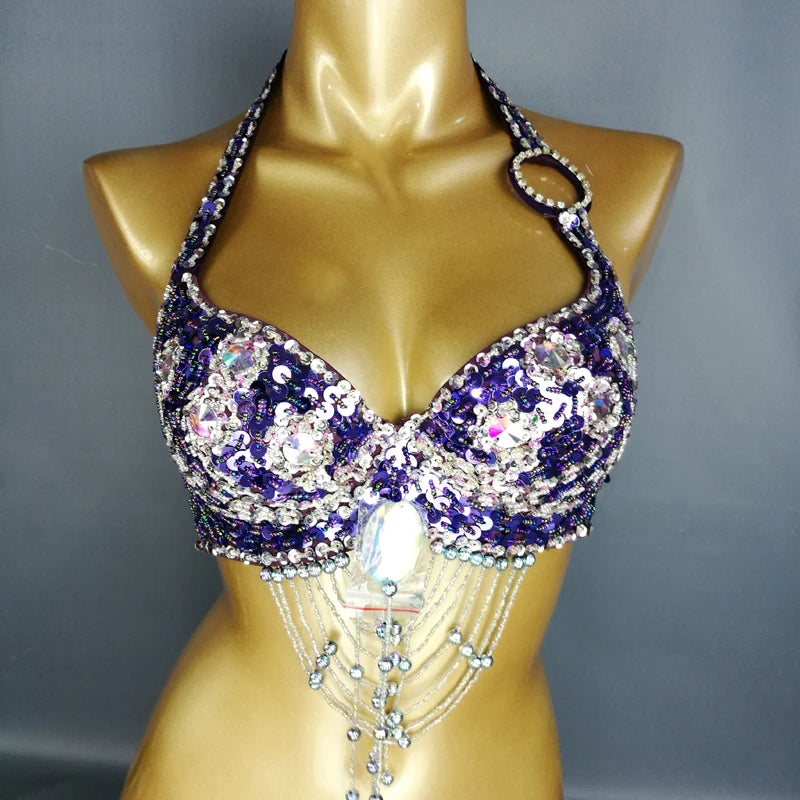 Belly Dance Halter Top, Women's Teal Sequin & Beaded Crystal Bra with Dangles, Performance Costume