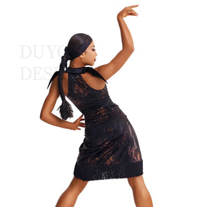 Latin Dance Dress Women's Black & Bronze Halter Fringe Skirt Set Rumba Samba Cha-Cha Ballroom