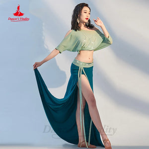 Women's Pink Sequin Batwing Top and Red High-Slit Skirt Belly Dance Costume