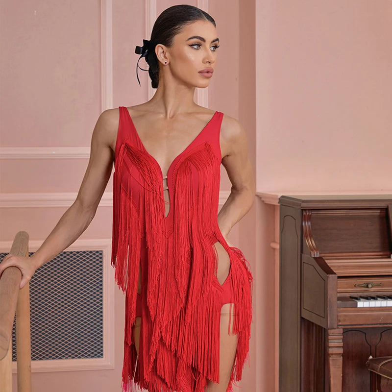 Women's Red, Pink, Black, White Fringe V-Neck Sleeveless Latin Dance Dress