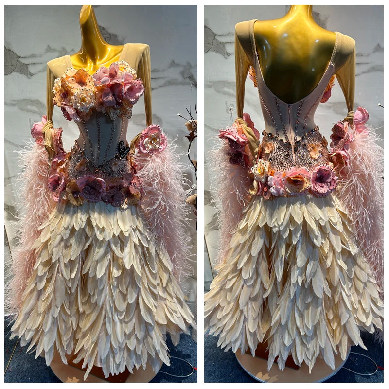 Women's Pink & Beige Feathered Floral Embellished Latin Rhythm Ballroom Dance Dress