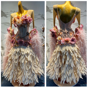 Women's Pink & Beige Feathered Floral Embellished Latin Rhythm Ballroom Dance Dress