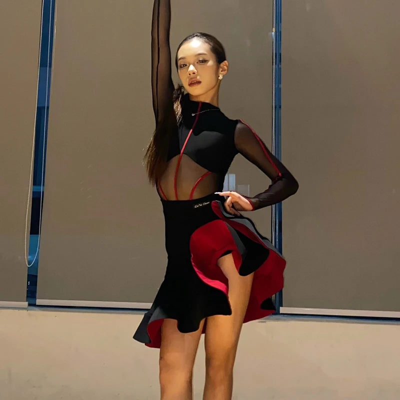 Women's Black & Red Mesh Cutout Latin Dance Dress with Open Back