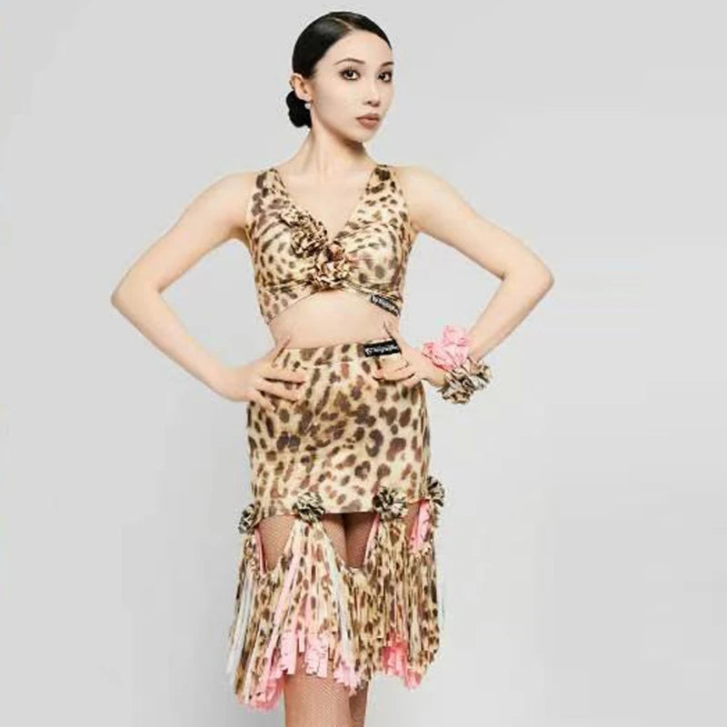 Women's Leopard Print Pink Fringe Latin Dance Dress, Mesh Sleeves
