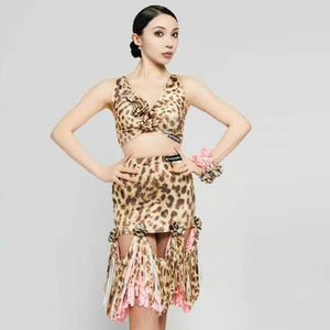 Women's Leopard Print Pink Fringe Latin Dance Dress, Mesh Sleeves