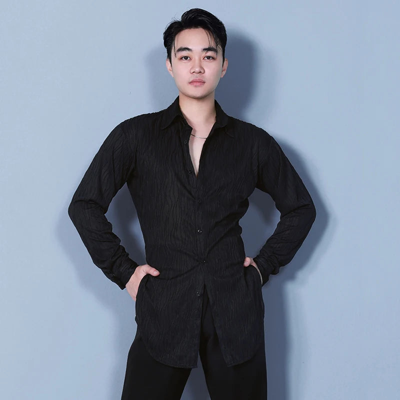Men's Black Textured Long Sleeve Ballroom Dance Shirt