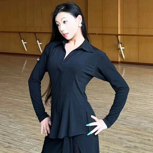 Women's Black Long Sleeve Collared Button-Up Dance Shirt with Slit Skirt - Latin Ballroom Performance Outfit