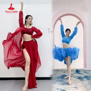 Belly Dance Costume Women's Adult Blue Chiffon Long Sleeve Halter Top & Skirt Set, Red Chiffon Long Sleeve Halter Top & High-Slit Skirt Set