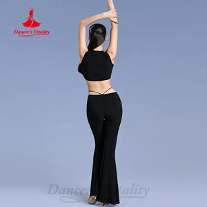 Women's Black Leopard Print Crop Top and Flared Pants Latin Dance Set