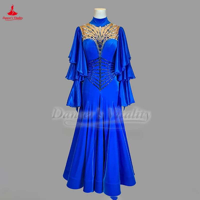 Ballroom Dance Dress Backless Flared Sleeves Velvet Blue For Adult Women Waltz Foxtrot Tango Competition