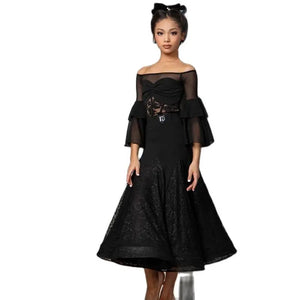 Women's Black Lace Ballroom Dance Dress with Bell Sleeves
