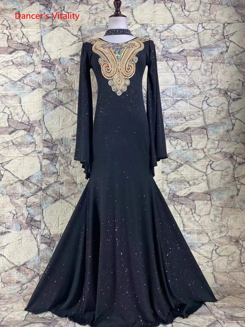 Women's Black Embellished Long Sleeve Glitter Mermaid Ballroom Dance Dress