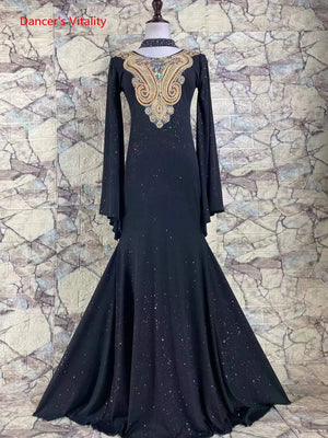Women's Black Embellished Long Sleeve Glitter Mermaid Ballroom Dance Dress