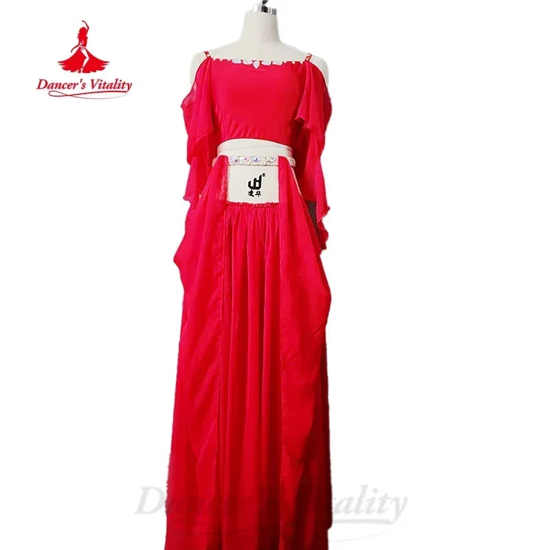 Belly Dance Costume Women's Red Chiffon Cold Shoulder Crop Top and Long Skirt Set