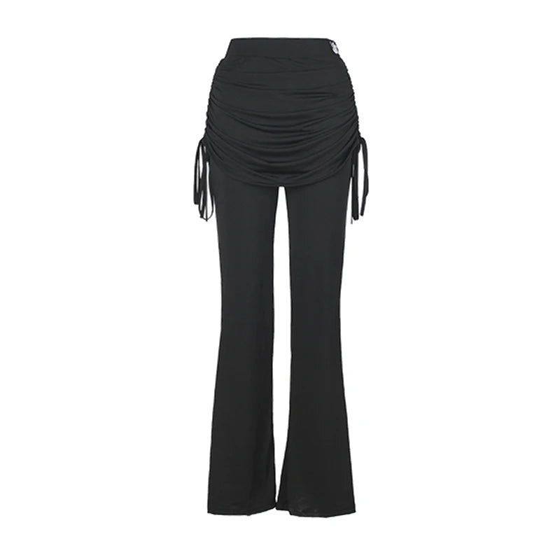 Women's Black Ruched Drawstring Waist Flared Leg Dance Pants