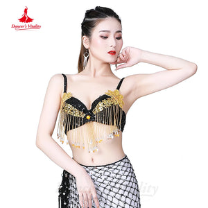 Women's Blue and Gold Sequin Beaded Fringe Belly Dance Bra Top