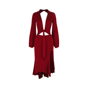 Women's Burgundy & Black Tie-Front Long Sleeve Cutout Latin Dance Dress with Lace Bralette