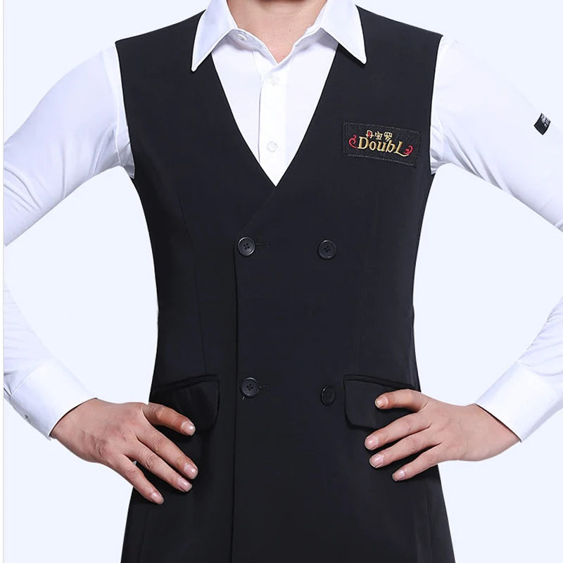 Men's Black V-Neck Button-Up Vest with Pockets for Ballroom Dance