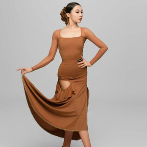 Women's White & Brown Square Neck Long Sleeve Ruffled Latin Dance Dress with Mesh Sleeves