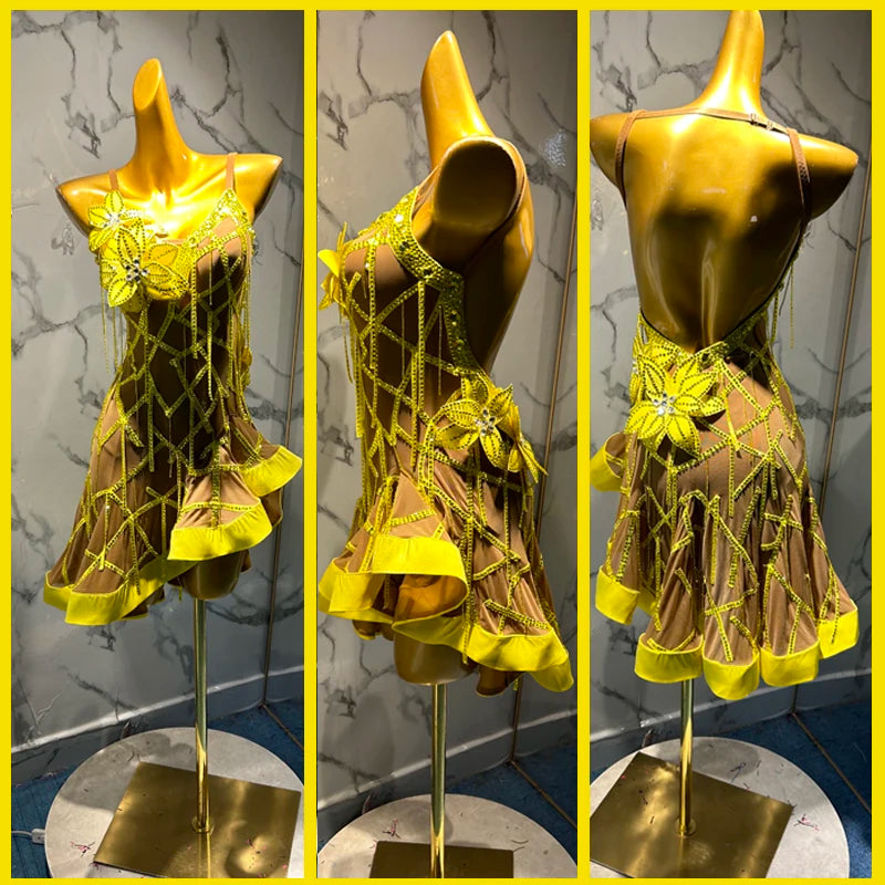 Women's Brown & Yellow Latin Dance Dress with Beaded Fringe & Floral Appliques