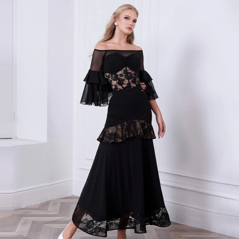 Women's Black Off-Shoulder Lace & Mesh Tiered Ruffle Sleeve Ballroom Dance Dress with Asymmetrical Ruffle Skirt