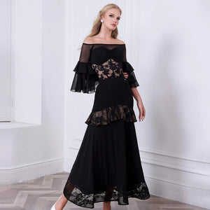 Women's Black Off-Shoulder Lace & Mesh Tiered Ruffle Sleeve Ballroom Dance Dress with Asymmetrical Ruffle Skirt