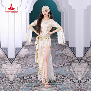 Women's Gold Striped Kaftan Dress with Sequin Trim and Headband for Belly Dance