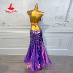 Belly Dance Costume Women's Purple Sequin Halter Top & Mermaid Skirt with Beaded Fringe - Professional Performance Outfit