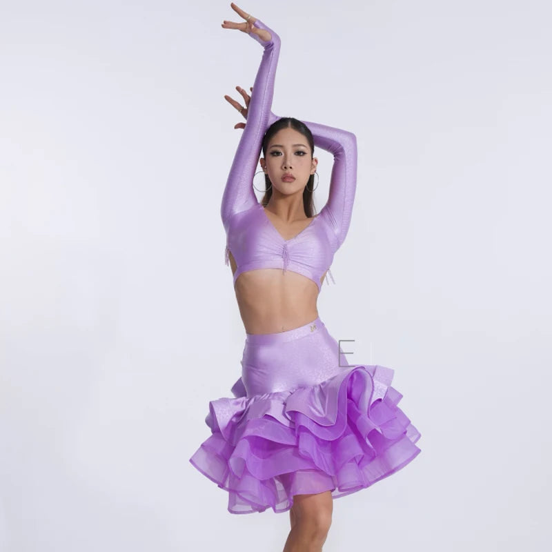 Women's Light Blue, Lavender, and Gold Off-Shoulder Long Sleeve Crop Top and Ruffled Skirt Latin Dance Dress