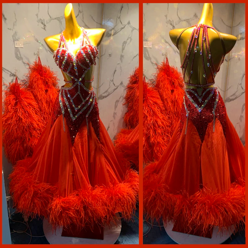 Ballroom Dance Dress Women's Red Beaded Feather Halterneck Open Back Latin Rhythm