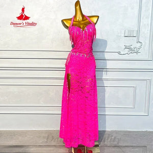 Women's Hot Pink Lace Halter Neck Rumba Latin Dance Dress with Slit & Fringe Detail