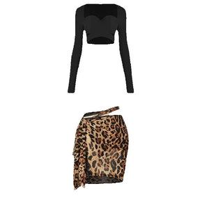 Dance Top and Skirt Set, Women's, Red and Black/Brown Animal Print, Long Sleeve Sweetheart Neck Wrap Crop Top with Asymmetrical Mesh Skirt, Latin Dance