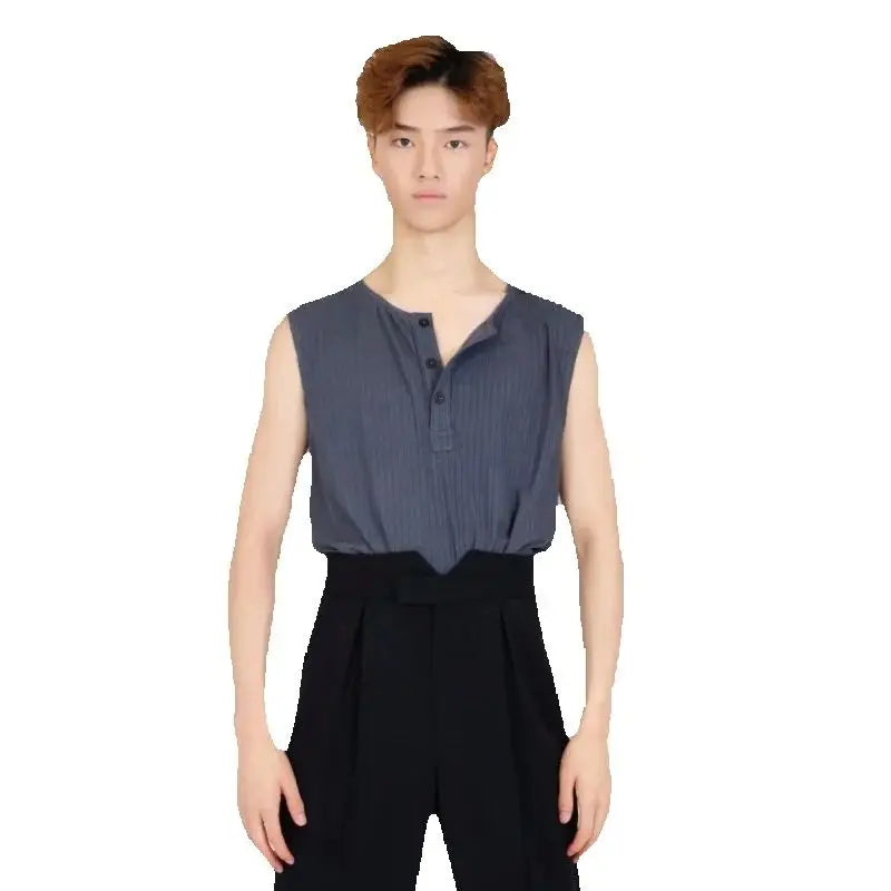 Men's Gray & Navy Ribbed Sleeveless Henley Dance Top with High-Waisted Black Pants, Modern Lyrical Ballet Contemporary Dancewear