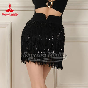 Women's Red Sequin Fringe Latin Dance Skirt with Fishnet Tights