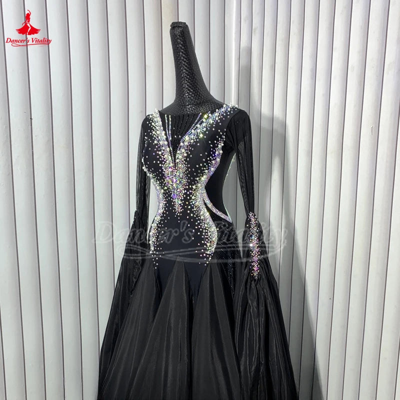 High-end Custom Adult Luxury AB Stone Ballroom Dance Competition Clothe Viennese Waltz Black Long Sleeve Perform Big Swing Skirt