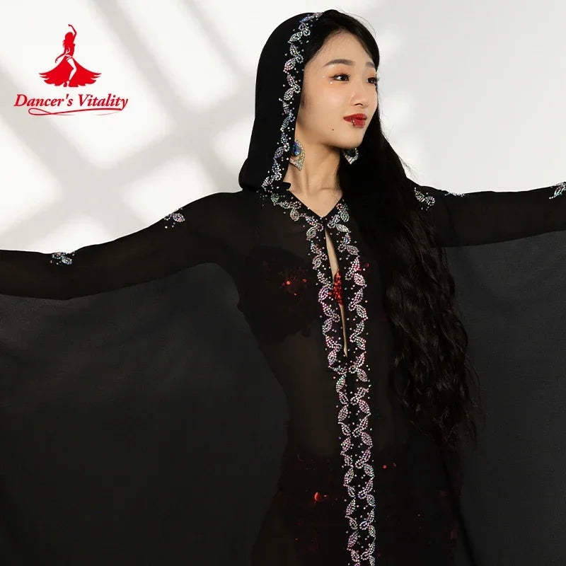 Women's Belly Dance Hooded Loose-Fit Robe With AB Rhinestones For Adult Competition