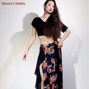 Women's Purple Floral Asymmetrical Skirt and Sheer Crop Top Belly Dance Costume