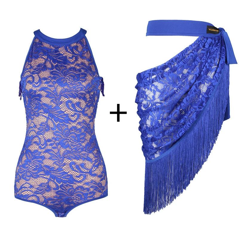 Women's Black Lace Halter Bodysuit with Fringe Latin Dance Skirt
