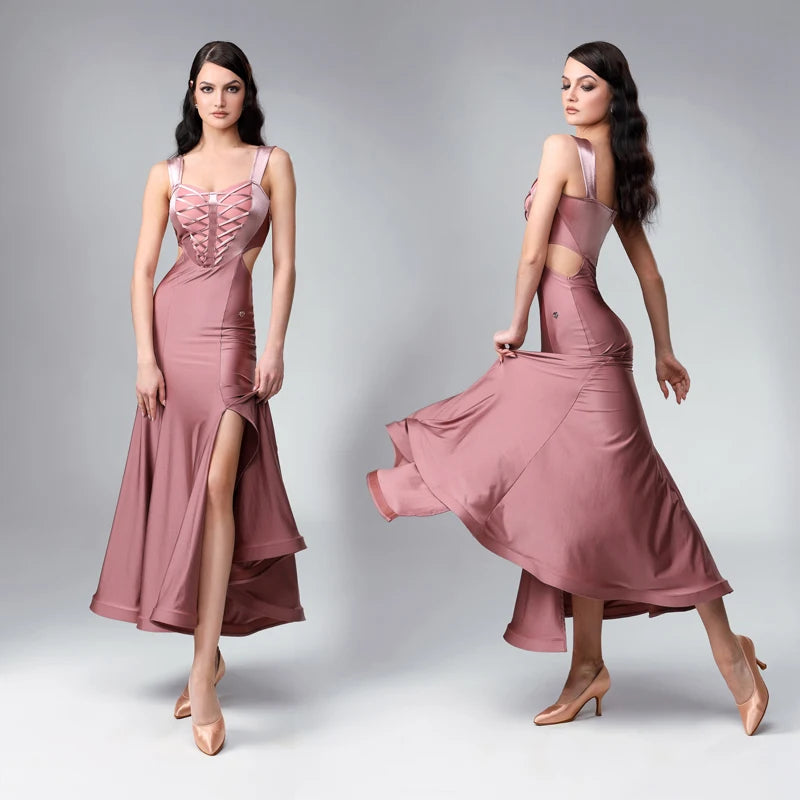 Women's Emerald Green, Burgundy, Black, Dusty Rose, and Copper Sleeveless Lace-Up Side Cut-Out Tango Dance Dress