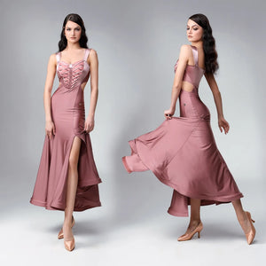 Women's Emerald Green, Burgundy, Black, Dusty Rose, and Copper Sleeveless Lace-Up Side Cut-Out Tango Dance Dress