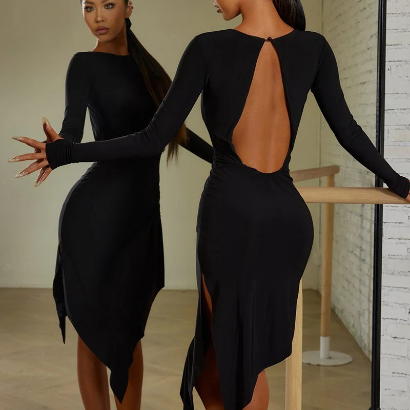 Dance Dress Women's Black Long Sleeve Side Cut-Out Asymmetrical Hem Ballroom Latin Dance Dress