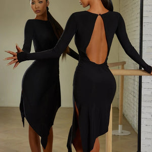 Dance Dress Women's Black Long Sleeve Side Cut-Out Asymmetrical Hem Ballroom Latin Dance Dress