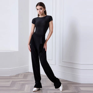 Women's Black Short Sleeve Boat Neck Dance Top and Wide Leg Ruffle Hem Pants Set for Latin Ballroom